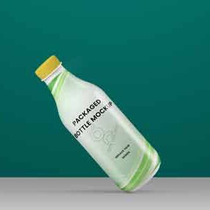 Mock-up-of-packaged-tilted-bottle-on-abstract-green-background
