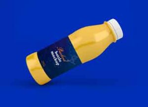 Mockup-of-a-golden-bottle-with-blue-label-in-tilted-position