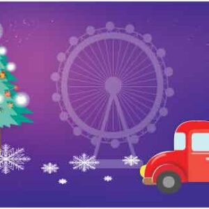Christmas-objects-with-a-red-car-and-beautiful-tree-on-abstract-background