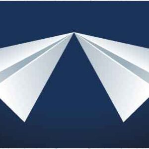 two-paper-plane-touching-nose-on-abstract-blue-background