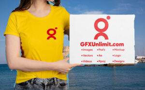 woman-wearing-t-shirt-with-brand-holding-board