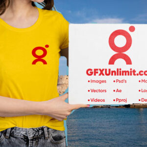 woman-wearing-t-shirt-with-brand-holding-board