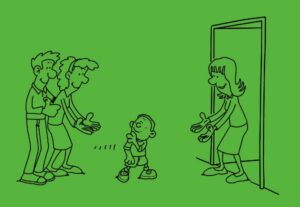 draw-young-couple-standing-outside-and-lady-coming-out-from-door-to-pick-the-small-kid