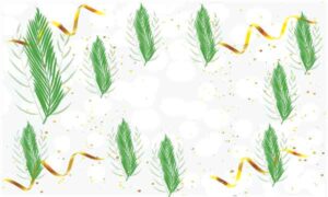 Green leave with gold ribbon on bubble background