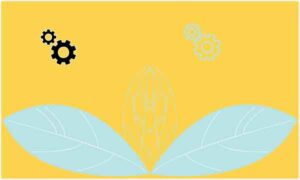 Small and big gear icon above leaf on yellow background