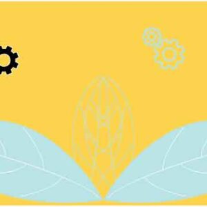 Small and big gear icon above leaf on yellow background