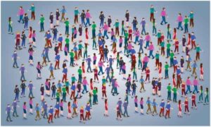 Crowd of people in colourful dress on grey surface