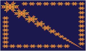 Eight edge flower artwork in frame and diagonal on blue background