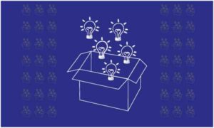 Glowing bulb coming out from box on blue background