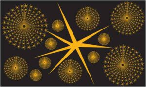 Circle of golden star around the biggest one on black background