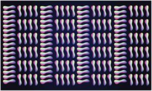 Vertical and horizontal white and purple artwork on dark blue background