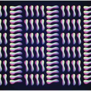 Vertical and horizontal white and purple artwork on dark blue background