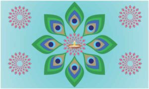 Festive artwork with peacock feather and red flower