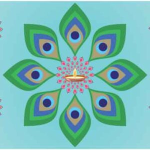 Festive artwork with peacock feather and red flower