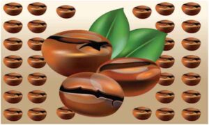 Coffee bean decorate with green leaf on brown background