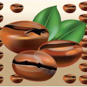 Coffee bean decorate with green leaf on brown background