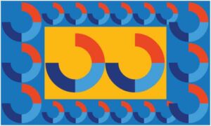 Big and small colourful semi circle with yellow centre in square shape