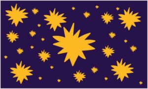 Various size yellow artwork display on purple background