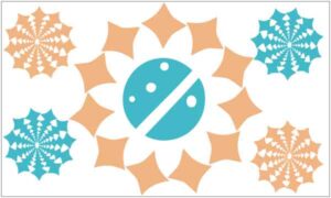 Several green and brown design in round shape display in corner and midst