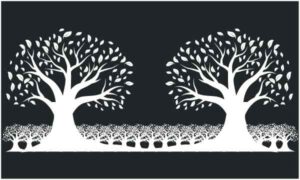 Sketch of small tree with two huge tree on black background