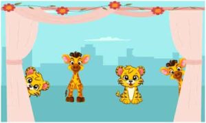 Cartoon giraffe and cat peeking from behind curtain