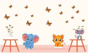 Cartoon elephant, wild cat, mouse sit on table with various colourful butterflies