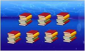 Seven stack of colourful books display on blue background