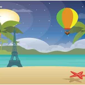 Aircraft balloon flying over ocean near coconut tree