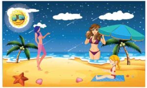 Some girls doing exercise near ocean