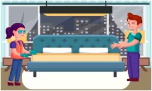 Young boy and girl standing near sofa-set