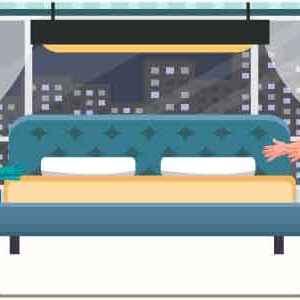 Young boy and girl standing near sofa-set