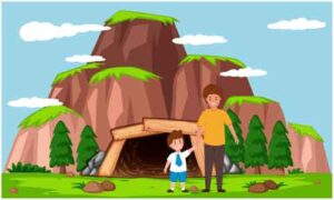 Mother standing with her kid outside cave