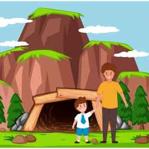 Mother standing with her kid outside cave