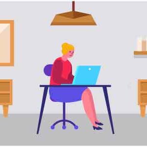 Lady sit on moving chair with laptop