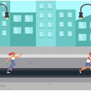 Guys run after each-other on road along roadside lamp