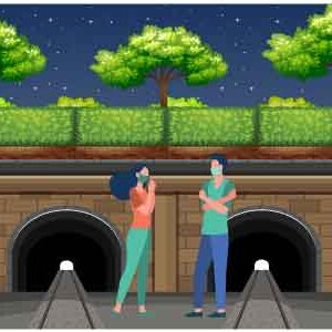Guys wearing mask standing together in different posture outside tunnel