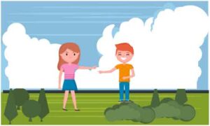 Children standing in park and pointing index finger at each-other