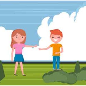 Children standing in park and pointing index finger at each-other