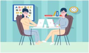 Two young girls sitting on chair and doing work on separate laptop