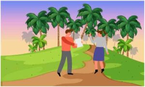 Young couple standing in park near palm-tree