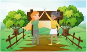 Small girls playing together near big trees
