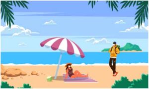 Young girl sit on mat under umbrella at shore of sea