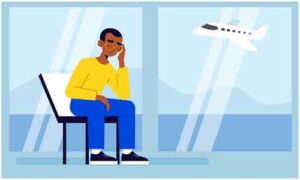 Young man sit in thinking pose on chair