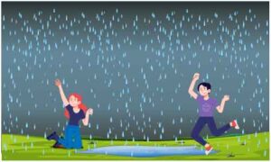 Two young guys enjoy rain drops in park