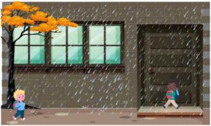 Kids playing under rainfall outside the house near tree