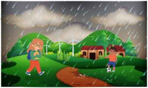 Kids playing football game under rainfall outside the house