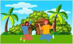 Young girl and boy jumping with joy in park near coconut tree