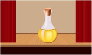 Flask half filled with yellow liquid and mouth close with cork