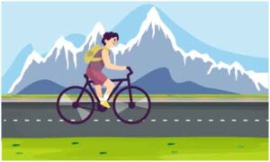 Small boy cycling on road carry bag on his back