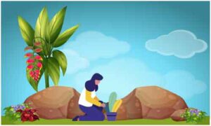 Young girl planting plant in pot sit on kneel down on land